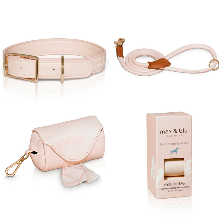 pink blush collar, lead, waste bag pouch and poop bags