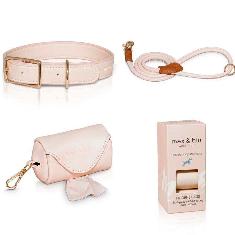 pink blush collar, lead, waste bag pouch and poop bags