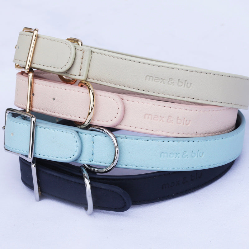 Billie dog collars in assorted colours. Dark blue, pale blue, pink and beige