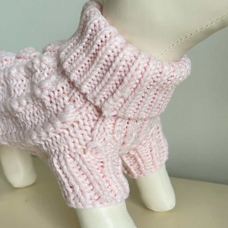 Pink dog jumper. Woollen cable knit.