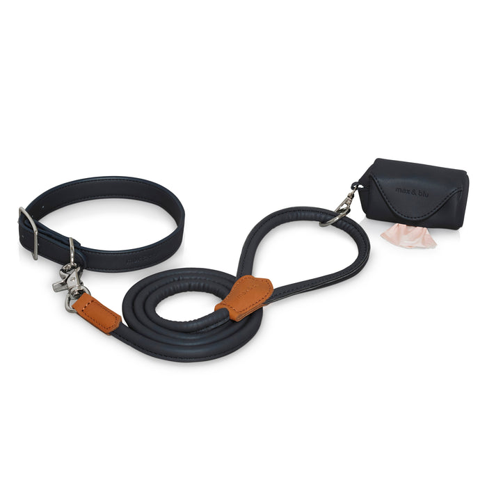 Billy walk bundle in dark navy blue. Vegan leather collar, lead, poop bag holder and biodegradable poo bags