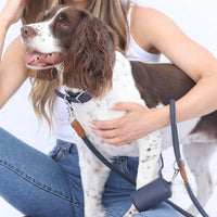 Rolled Vegan Leather Lead in Dark Navy (Dark Blue). Dark navy collar. Dark navy poop bag pouch