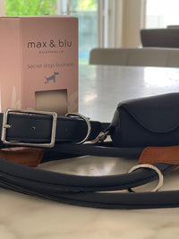 Billy walk bundle in dark navy blue. Vegan leather collar, lead, poop bag holder and biodegradable poo bags