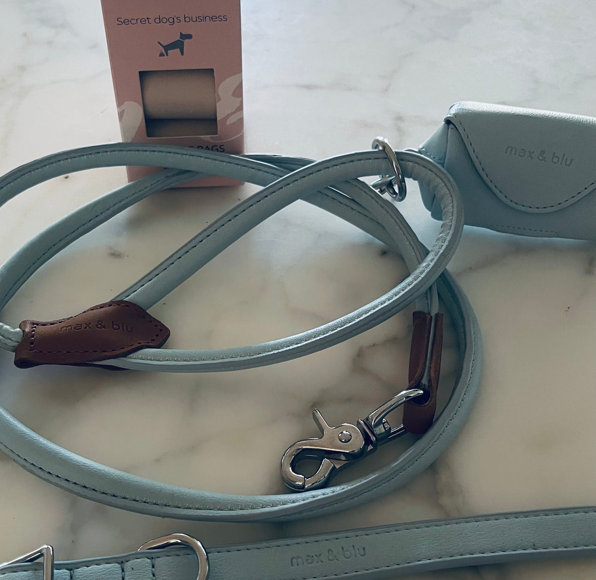 Billy walk bundle - Ice Blue (pale blue). Vegan leather collar, lead, poop bag holder and biodegradable poo bags