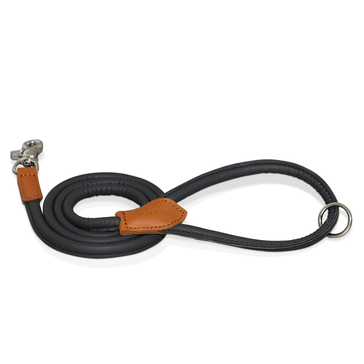 Rolled Vegan Leather Lead - Internal rope for super strength. Convenient D-ring on the handle. Easy to release Trigger Snap Clasp