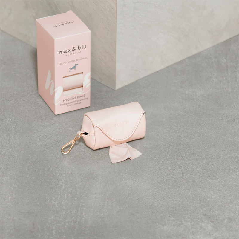 Max & Blu biodegradable poo bags and pink poop bag pouch